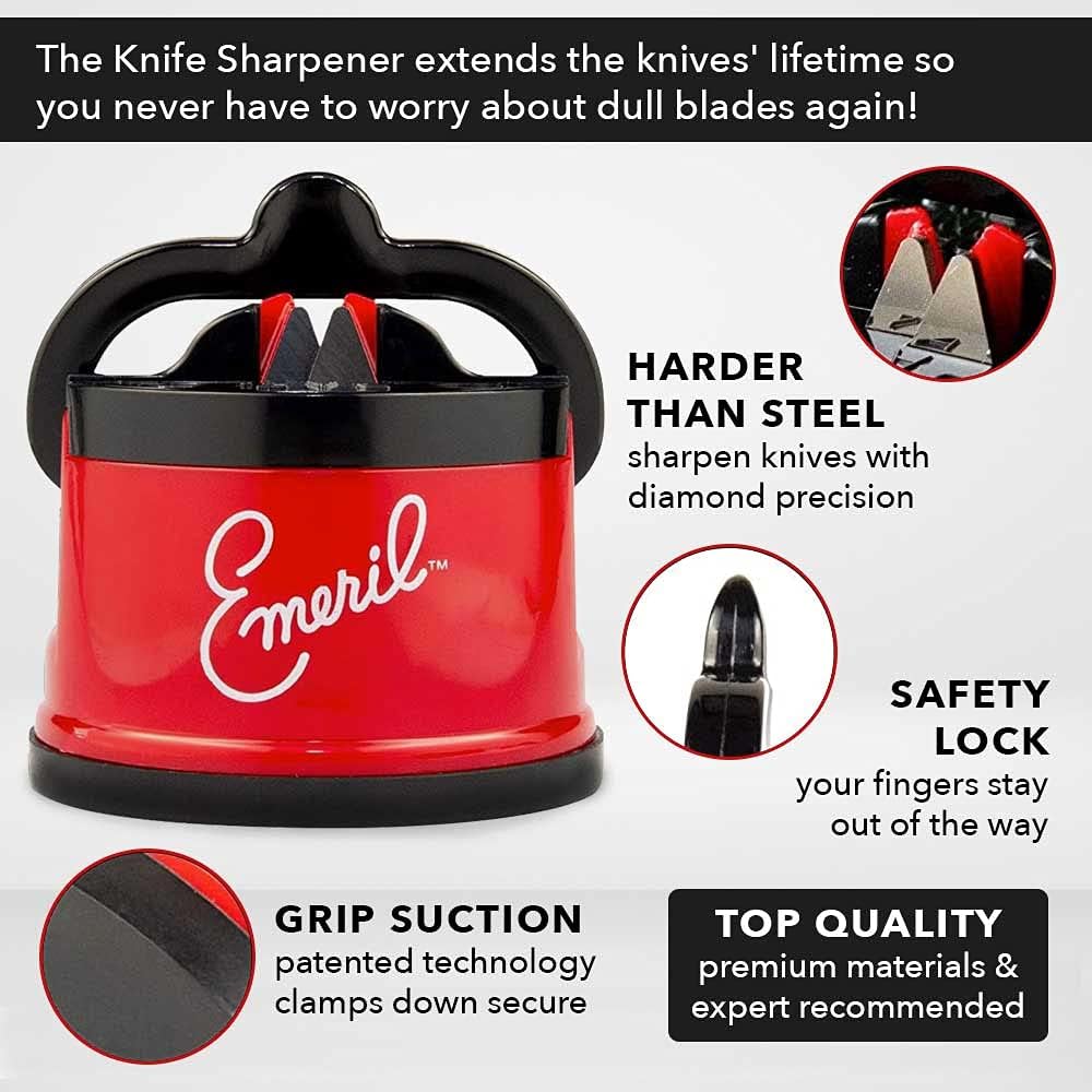 Emeril 3-Piece Knife Set & Sharpener - Sharp Pairing & Santoku Chef's Cutting Knives with Stainless Steel Blade for Cooking & Kitchen, by Chef Emeril Lagasse (Red): Home & Kitchen