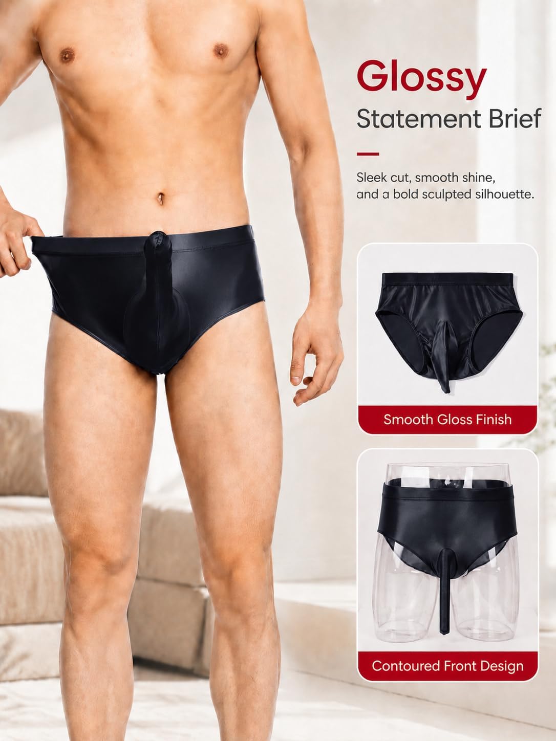 SEAUR Mens Sexy Low Rise Briefs Shiny Silky Stretchy Bulge Pouch Underwear