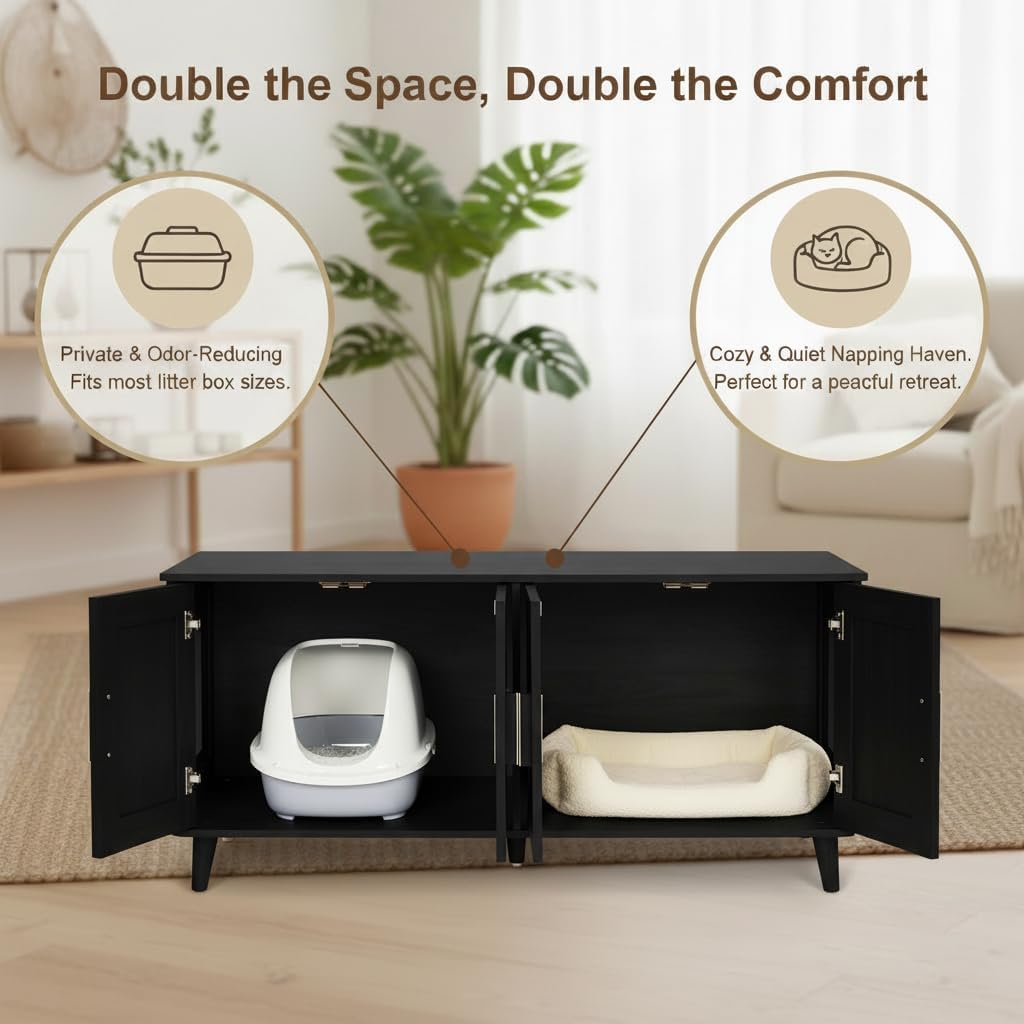 Homhedy Boho Cat Litter Box Enclosure for 2 Cats, Wooden Cat Washroom Furniture with Double Rattan Decorated Doors, Pet House,47.2”L x 19.7”W x 21.7”H, Black and Natural