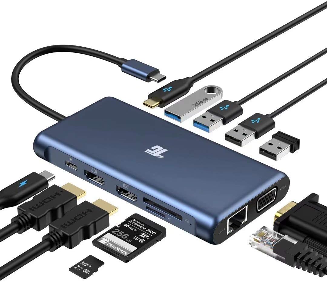Tiergrade USB-C Docking Station, 12-in-1 Triple Display Laptop Dock for MacBook and Windows with 2 HDMI, VGA, 100W PD3.0, RJ45 Ethernet, 4 USB Ports, TF/SD Card Reader