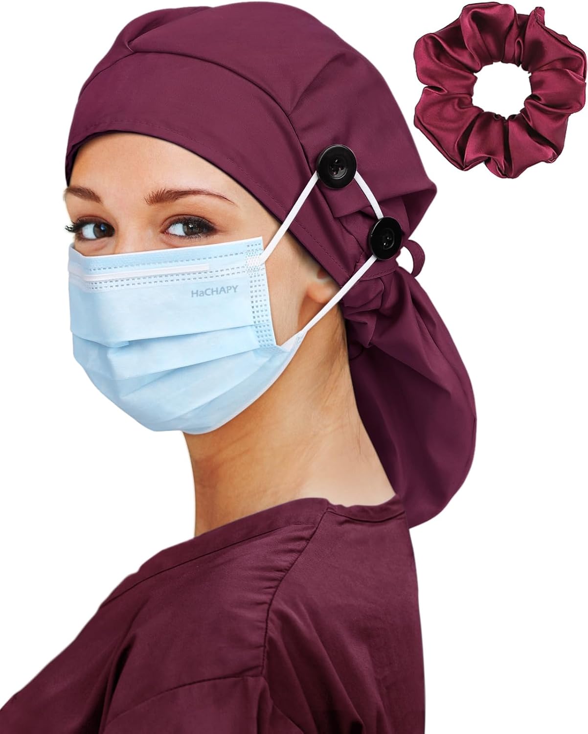 Large Satin Lined Scrub Cap for Women Long Hair Nurse Head Cap Surgical Bonnet 4 Buttons