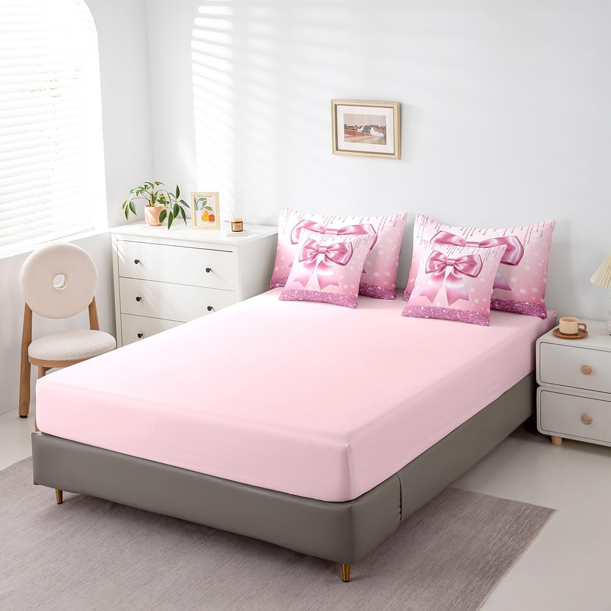Erosebridal Kids Pink Bow 7 Pieces Bedding Set Queen Size Teen Girl Coquette Bow Comforter Set with Sheets Trendy Modern Fashion Preppy Bed in A Bag Gorgeous Glitter Bowknot Bed Sets