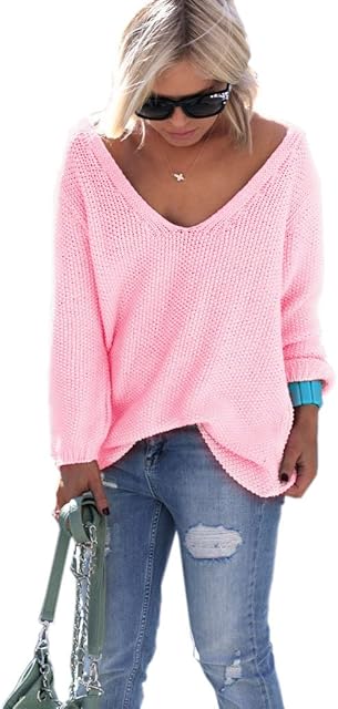 Mikos Sweter damski w serek casual hodie wakacje na lato oversize luźny sweter damski z dekoltem v cienki elegancki (617)