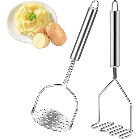 Tefrey 2 Pack Potato Masher, Heavy Duty Stainless Steel Potato Masher Kitchen Tool For Avocado, Mashed Potatoes, Beans, Vegetables etc.