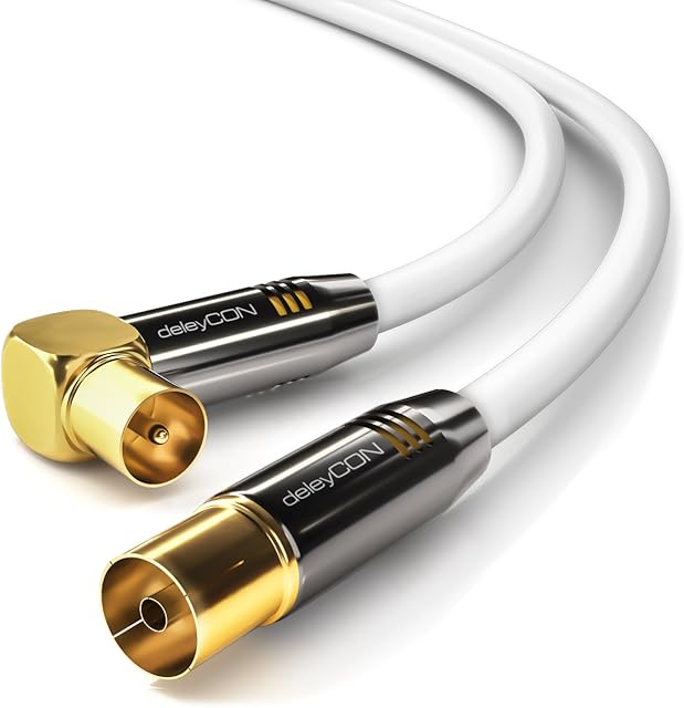 deleyCON 3.0m (9.84 ft.) TV Antenna Cable Coaxial Cable Gold-plated connector 1x 90° angle 1x straight Metal Connector UltraHD FullHD HDTV - White