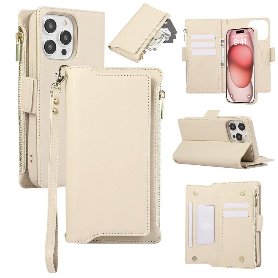 Étui clapet cuir iPhone 16 Pro beige avec rabat magnétique et fentes cartes