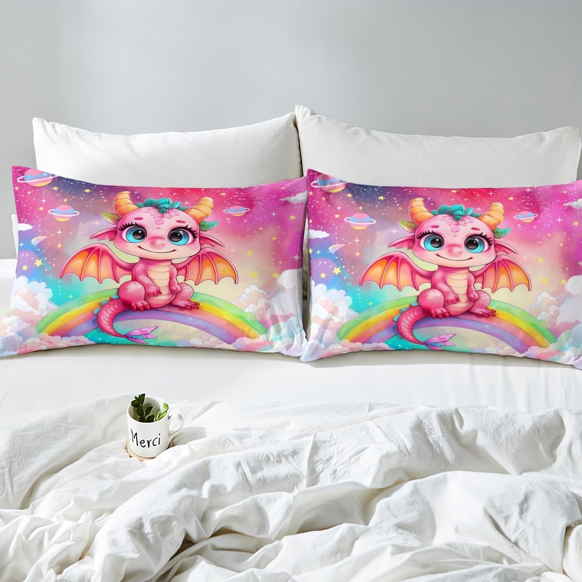 Kawaii Dragon Full Size Fitted Sheet,Dreamy Sky Rainbow Starry Nebula Planets Glitter 3 Pieces Kids Teenager Room Decor Cartoon Dragon Western Animal Pink Pocket 2 Pillowcases