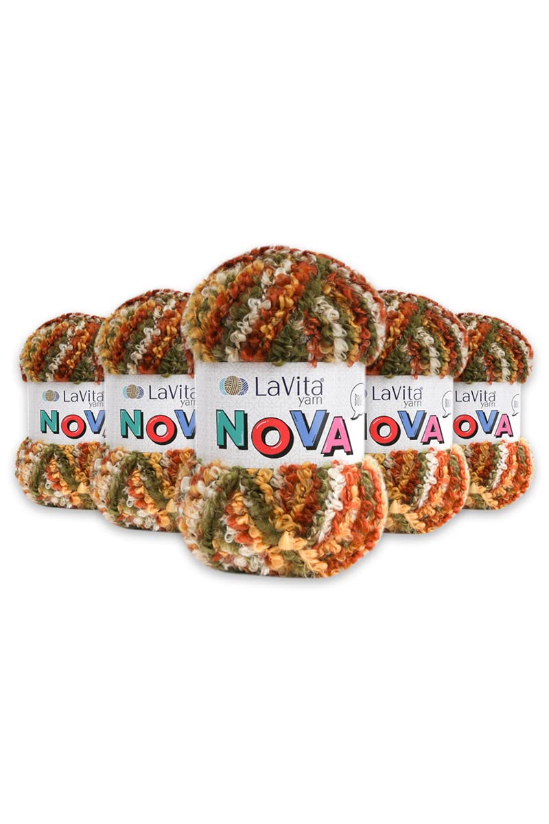 LaVita Yarn NOVA Soft Boucle Hand Knitting Yarn, 5-Pieces Pack,%20 Polyester,%80 Premium Acrylic, 1 Ball 100 gr, 100mt Taka Yarn (LN2601-Vegan, Stone)