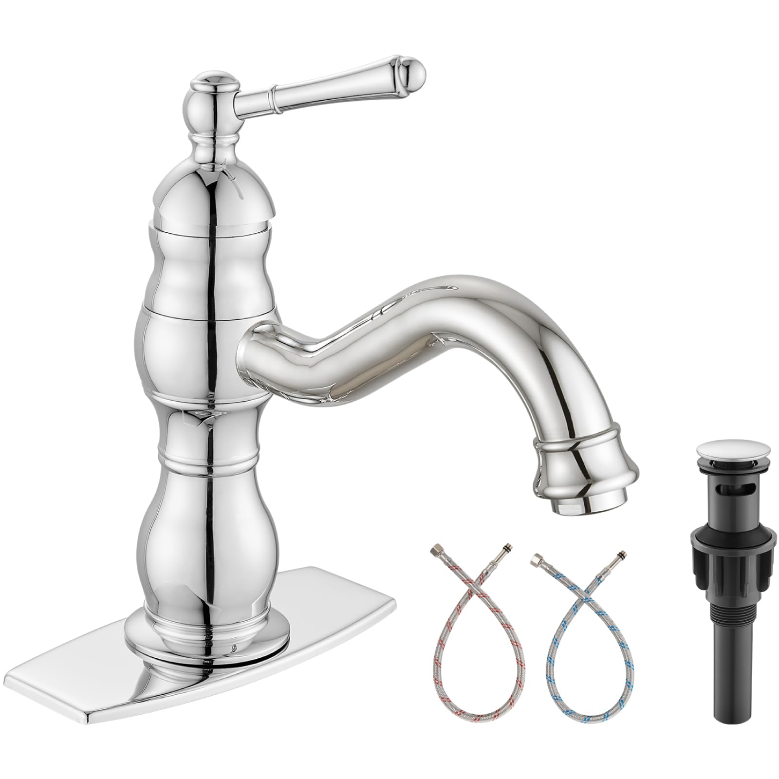 Sxithgkdw Polish Chrome Bathroom Sink Faucet Single Hole 1 Handle Deck Mount Single Handle Bathroom Sink Faucet Farmhouse Mixer Tap With Drain,‎Short-Spout Reach 7.09 Inch,