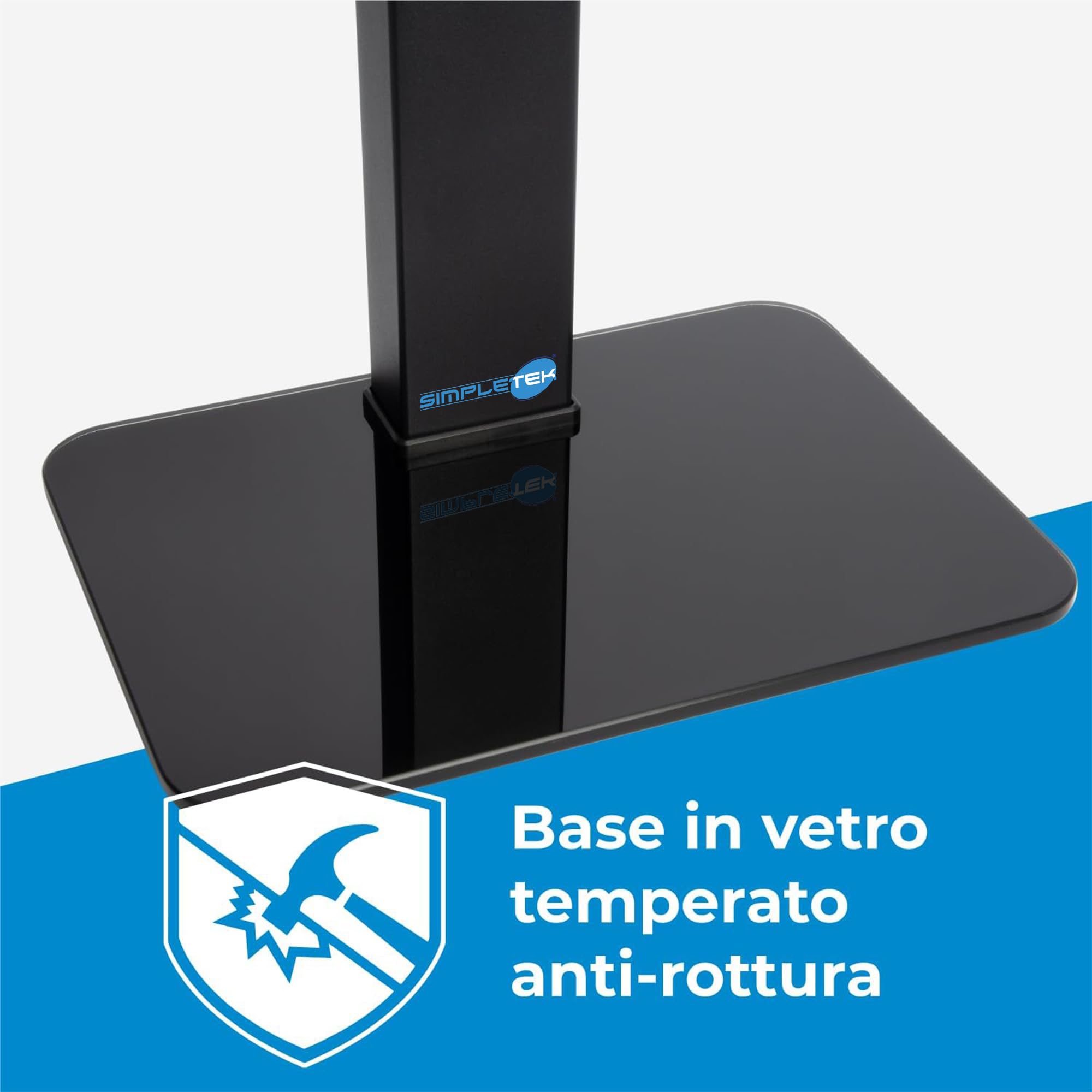 SIMPLETEK - Supporto da Tavolo Universale per Monitor e TV 23"-43" - Base in Vetro Temperato - Max 40kg - VESA 200x200 - Design Slim Nero