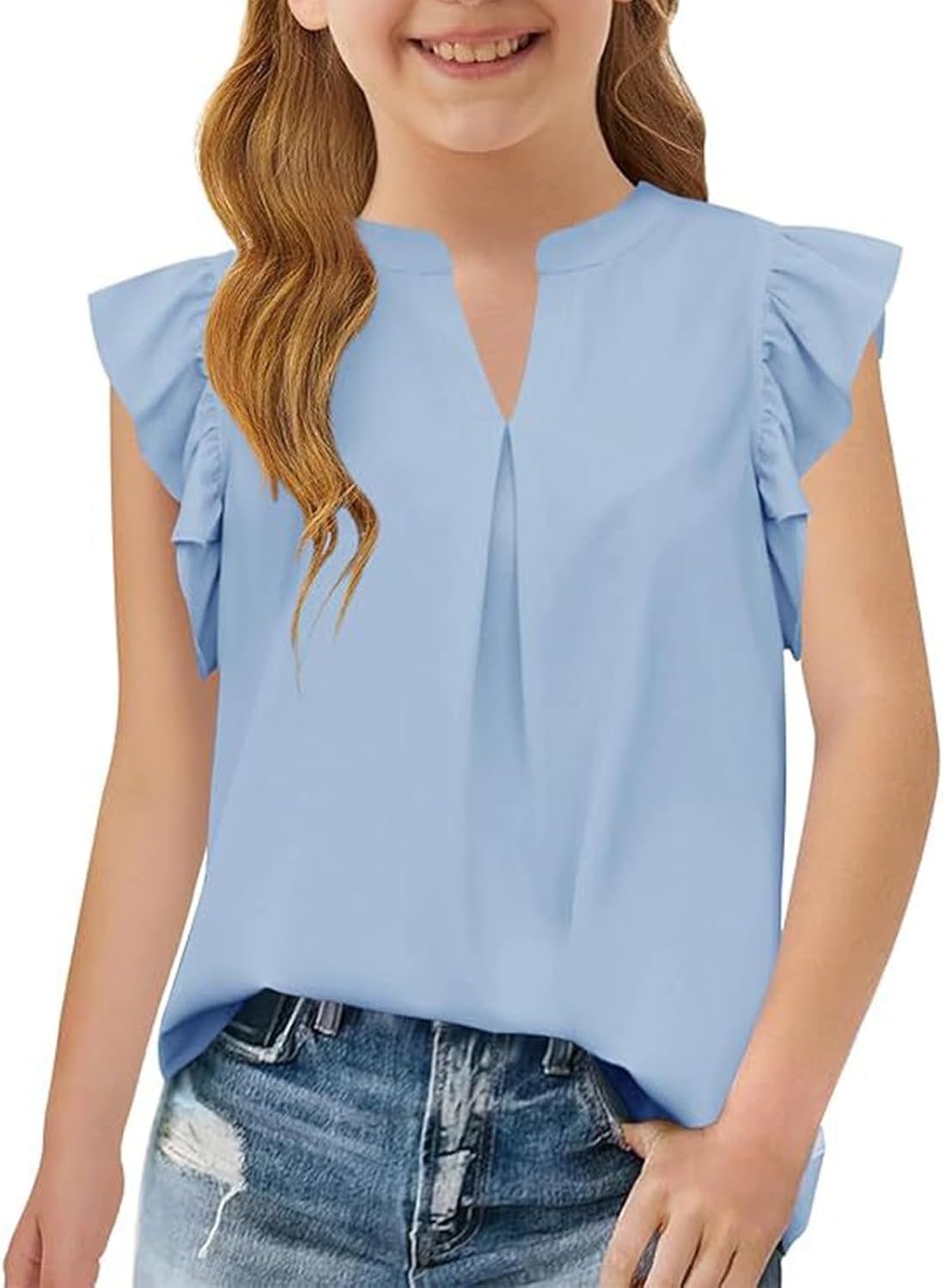 Girls Notch V Neck Flutter Sleeve Blouse, Ruffle Trim Lightweight Woven Top, Casual Kids Shirt for School, Brunch