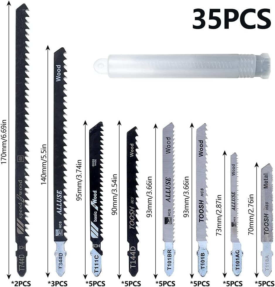 Jig Saw Blades 35Pcs Straight Cutting Woodworking Tool Accessories Jigsaw Blades T-Shank Jig Saw Metal Wood Assorted Ground Teeth