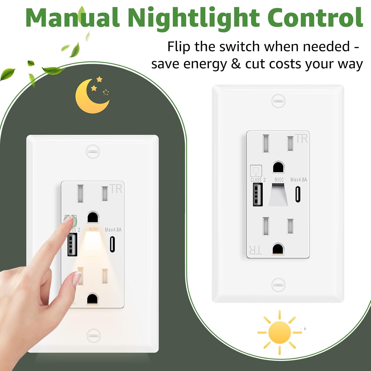 2 Pack USB Wall Outlet with Manual Control Night Light, TR Electrical Receptacle with USB A & USB C Ports, for Bedroom Living Room Hallway Staircase, ETL Listed, White, Includes Wall Plate