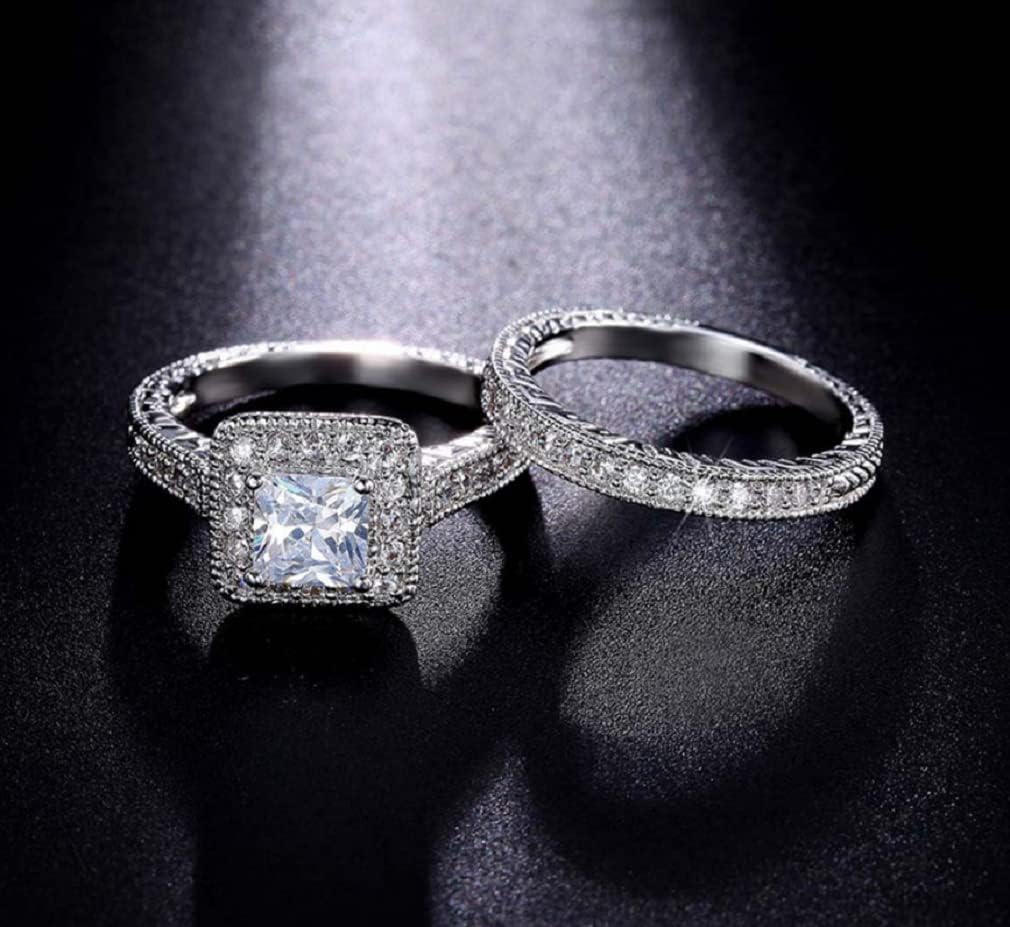 Sterling Silver Wedding & Engagement Ring Set - 925 Sterling Silver, Cubic Zirconia CZ, 2pc Stackable Ring Set