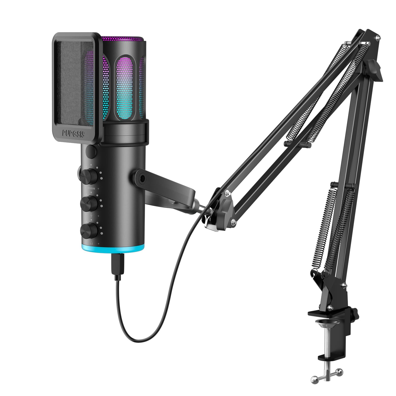 PUPGSIS Gaming Microphone for PC, USB Condenser Mic for Phone/Mac and PS4/5 | Noise Reduction,Reverb,One Tap Mute,Volume Control,RGB light,Suitable For Streaming/Podcasting/Recording