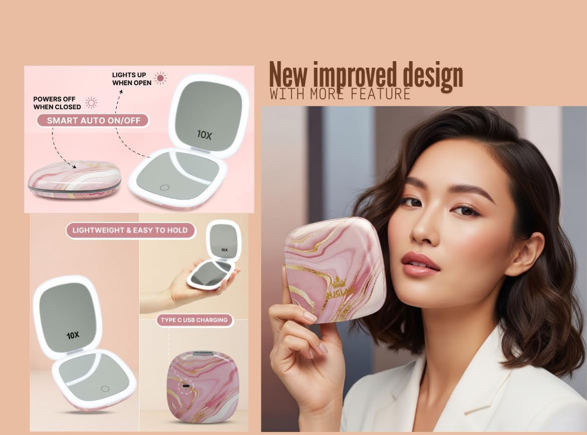 Lighted Makeup Compact Mirror, 3.9 Inch – 1x/10x Magnification Portable, LED – Auto Light On/Off - USB Charging, (Blush Marble)