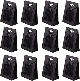 Fayemint 12 Piezas Bolsas Papel Marrónes, Bolsa de Regalo con Ventana, Bolsas de papel kraft Negro, para Empacar Regalos de Banquete, Dulces, Galletas (Negro)