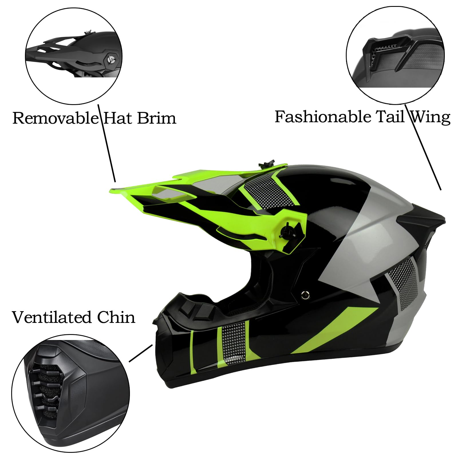 Motorradhelm Downhill Komplettset Kinder - Offroad Helm mit stylischem Heckflügel-Design, Vollvisier, Kinnschutz & Panorama-Brille + Atmungsaktivmaske für Dirt Bike/Quad/MTB(Bright yellow,XL(58~59cm))