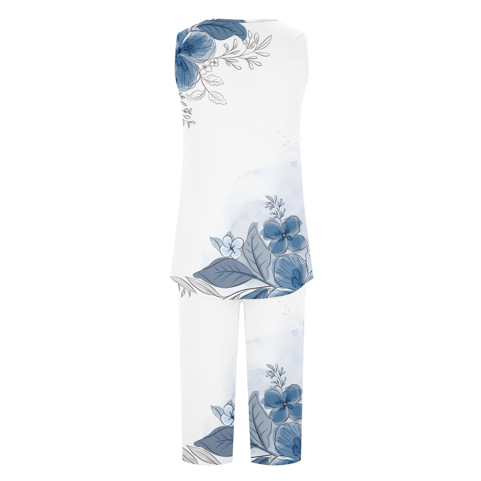 Ensemble Femme Chic 2025 T-Shirts Plissé Hauts Et Pantalon,T Shirt Femme Imprimés Floraux Ample Et Confortable Tee Shirt À Sans Manches Loungewear T-Shirts Short Ensemble De Pyjamas