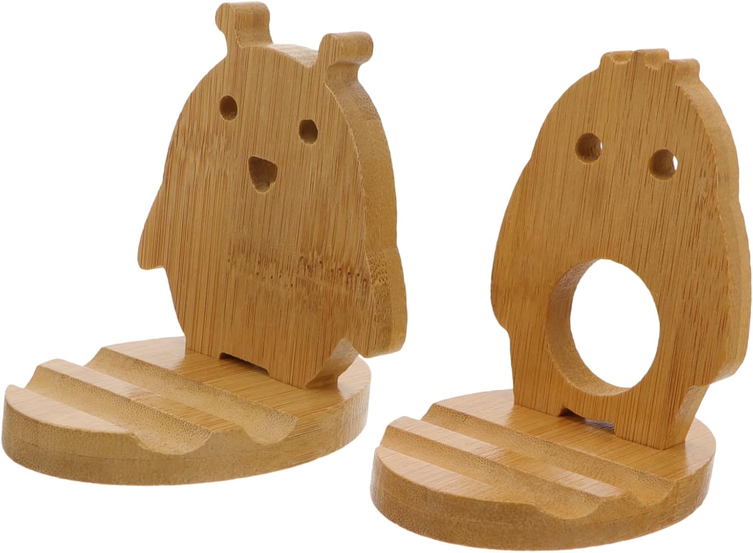 Veemoon 2pcs Creative Wooden Phone and Tablet Stand Desktop Holder with Penguin and Doll Design for Office and Home Use