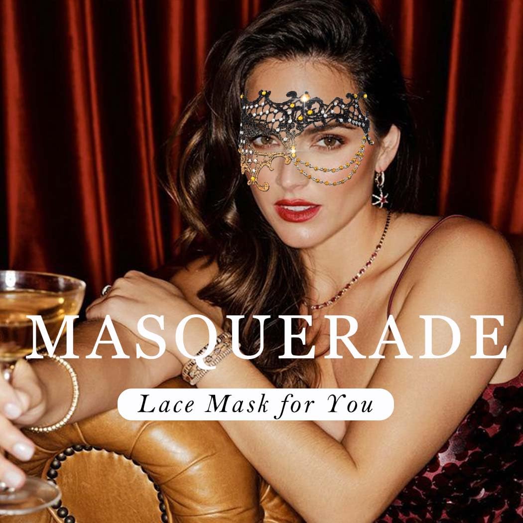 Masquerade Lace Mask for Women Rhinestone Half Mask Sparkle Beads Halloween Costume Party Face Masks