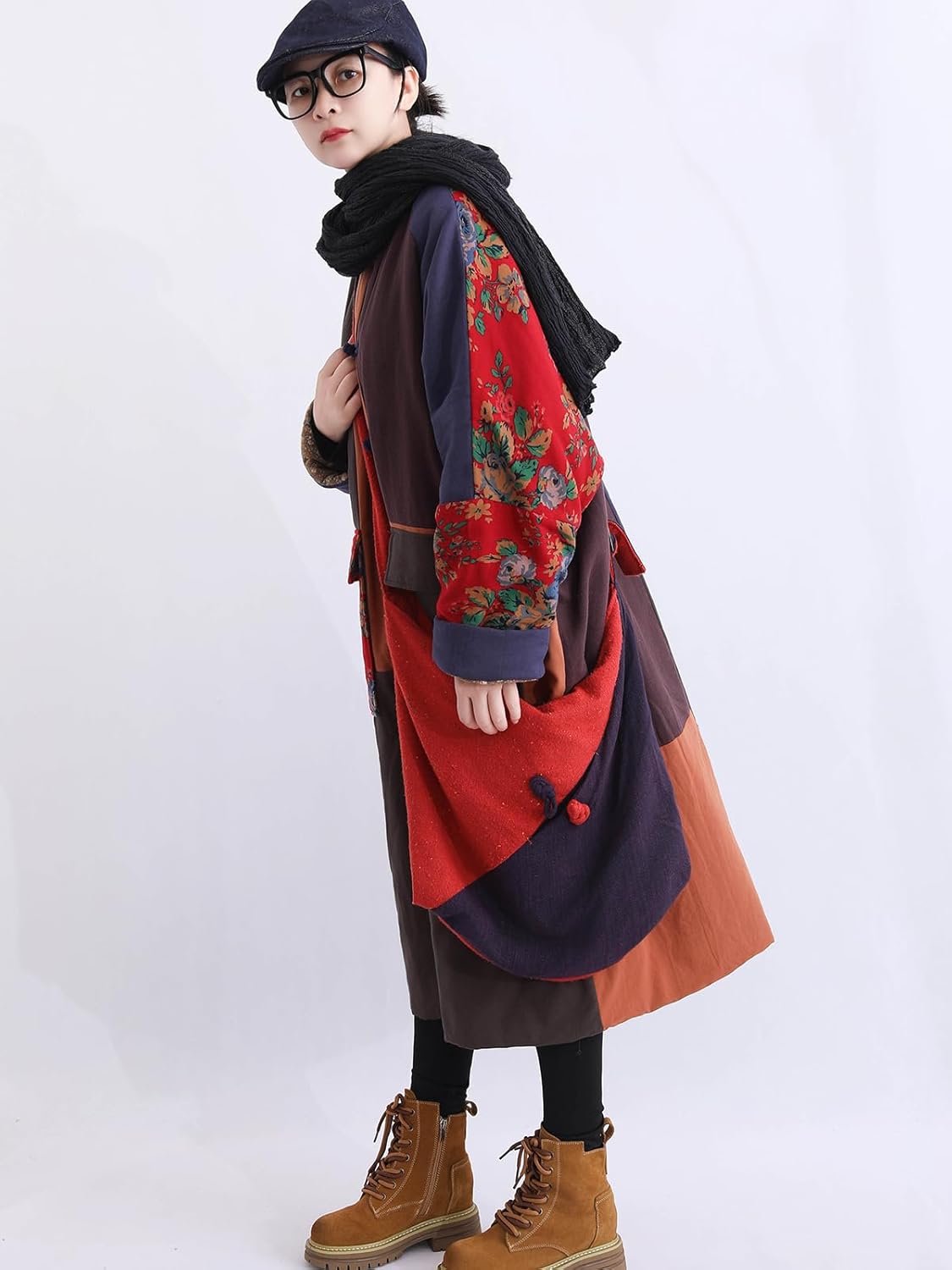 LUZU JUNU Women's Cotton Quilted Trench Coat Floral Print Long Jacket Cotton Linen Vintage Patchwork Outwear - Image 7