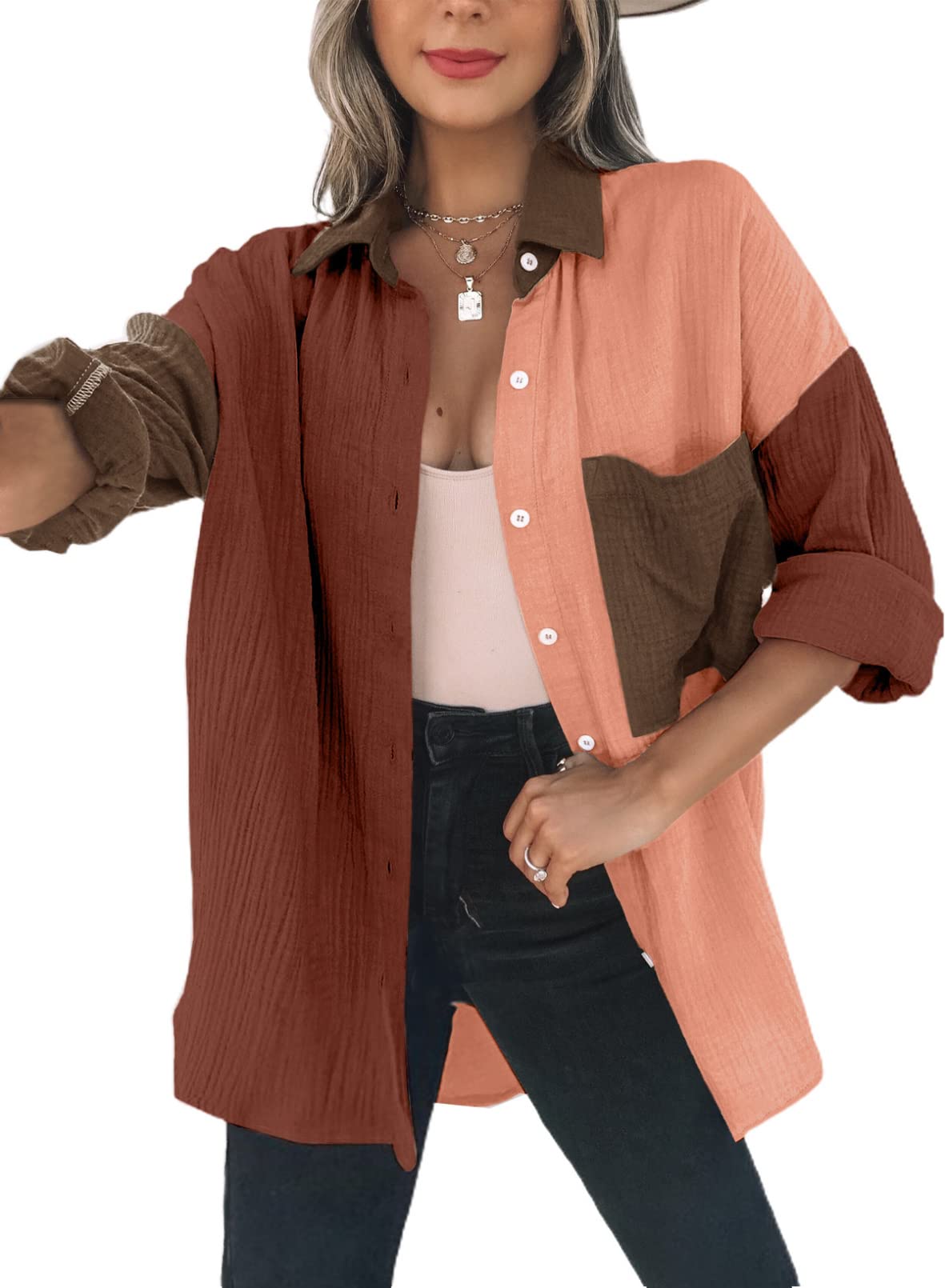 Dokotoo Bluse Damen Musselin Langarmshirt Baumwolle Lässig Oberteile Hemd Langarm Farbblock Shirts Knopfleiste Tops Hemdjacke Braun M