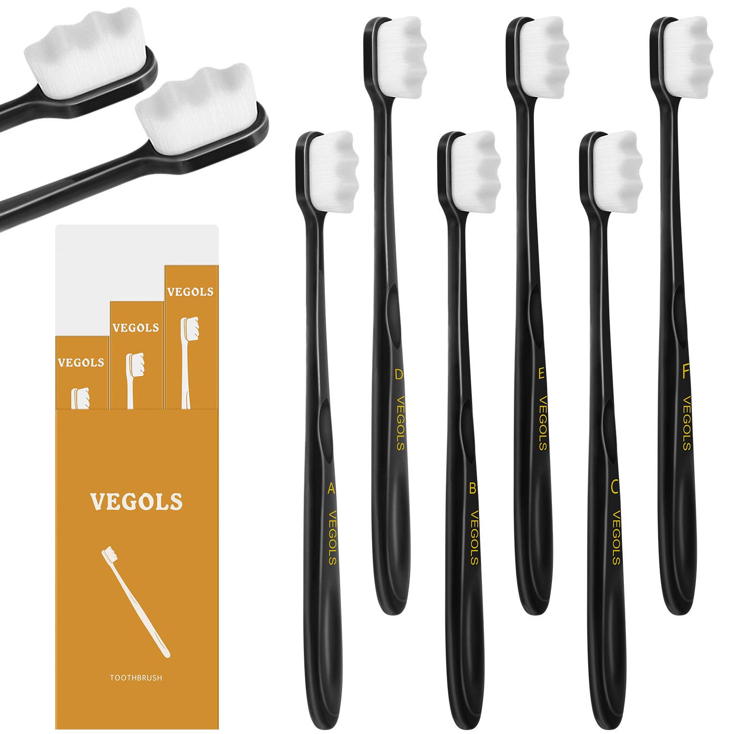 VEGOLS Adult Extra Soft Toothbrush with 20000 Soft Bristles, (Pack of 6) Micro Nano Manual Toothbrushes for Protect Sensitive Gums - Black