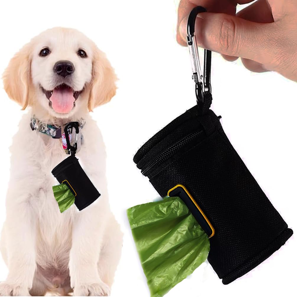 Dog Poop Bags Holder Dispenser - Dog Poo Bags Holder for Leash, Doggy Waste Bag Portable Hook Zipper Pouch, Carabiner Metal Loop Fastener Pet Waste Bags