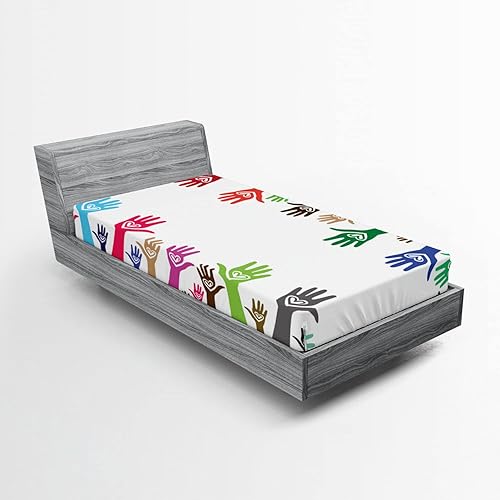 Miniatura 9 de Ambesonne Love Fitted Sheet, People Support Hand Heart United Illustration Charity Encouragement Winning Team Print, Comfy Bed Cover with All-Round