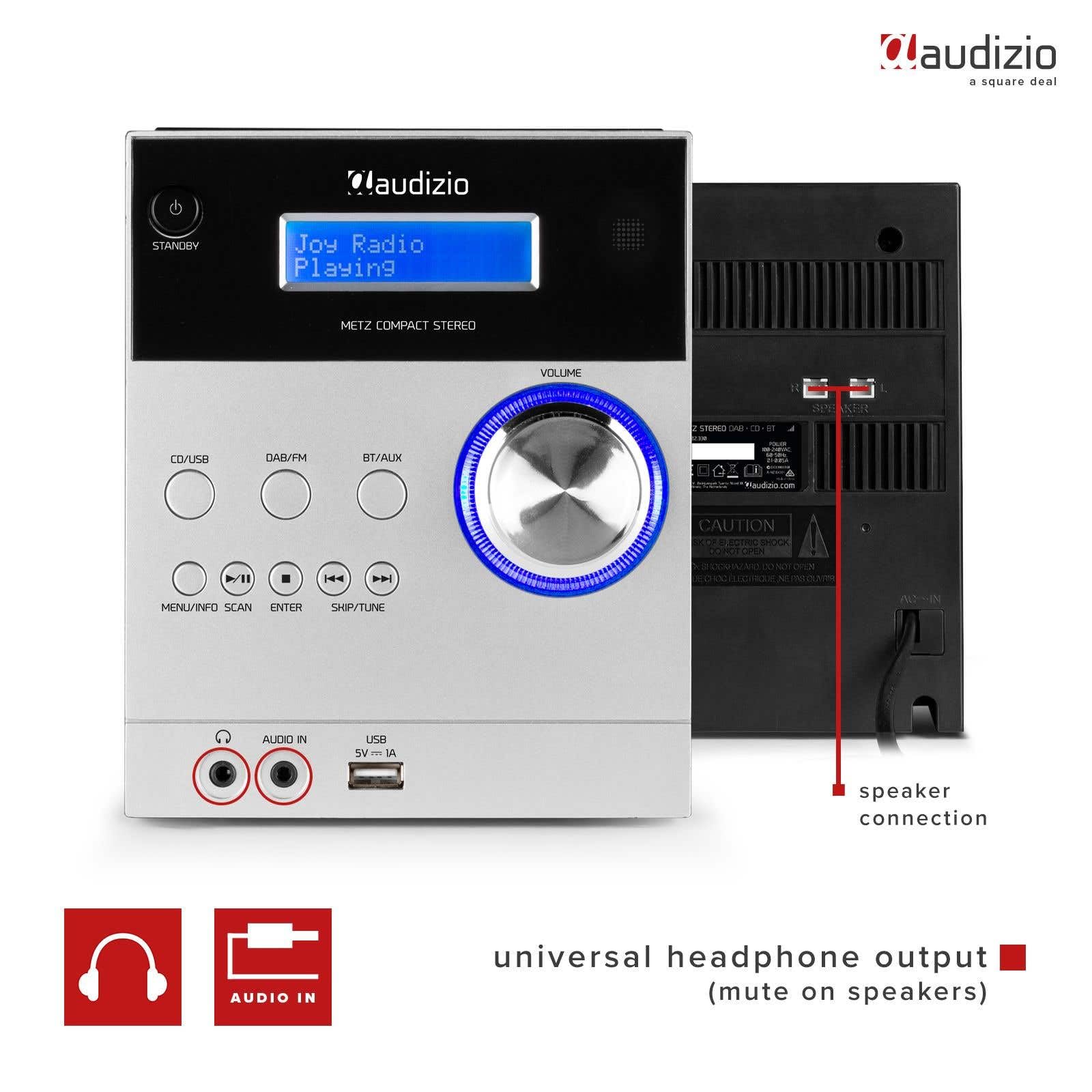 Audizio Metz - Radio Système HiFi Dab+ et Lecteur CD avec Bluetooth - Aluminium, Écran LCD, Lecteur MP3, Radio FM, Télécommande Incluse, Idéale pour Écouter Vos Stations et Musiques Préférées