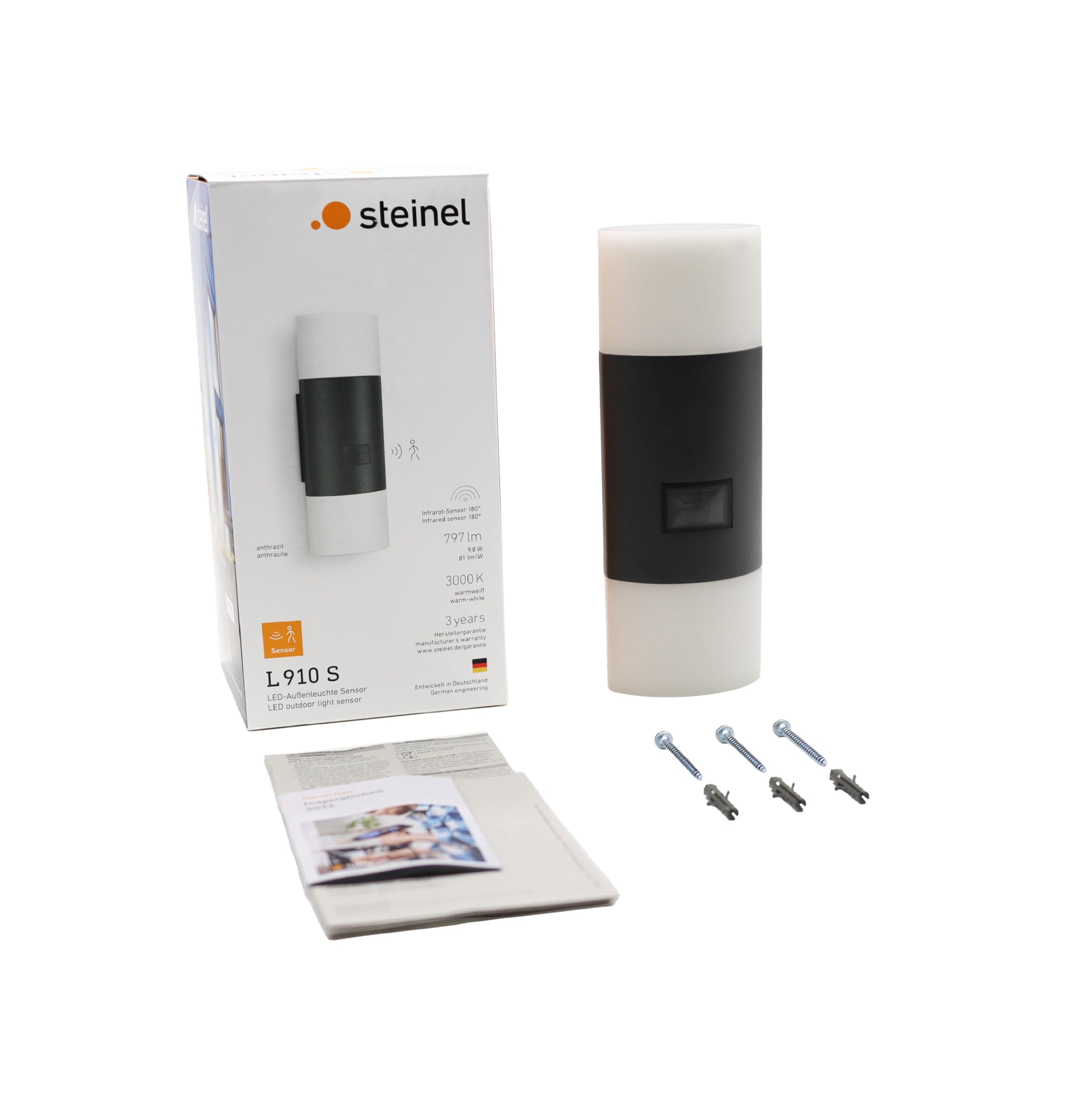 Steinel LED Außenleuchte L 910 S anthrazit, Wandleuchte LED mit 180° Infrarot Bewegungsmelder, 12m Reichweite, Dauerlicht, Softlichtstart, IP44 als Außenbeleuchtung mit Bewegungsmelder geeignet