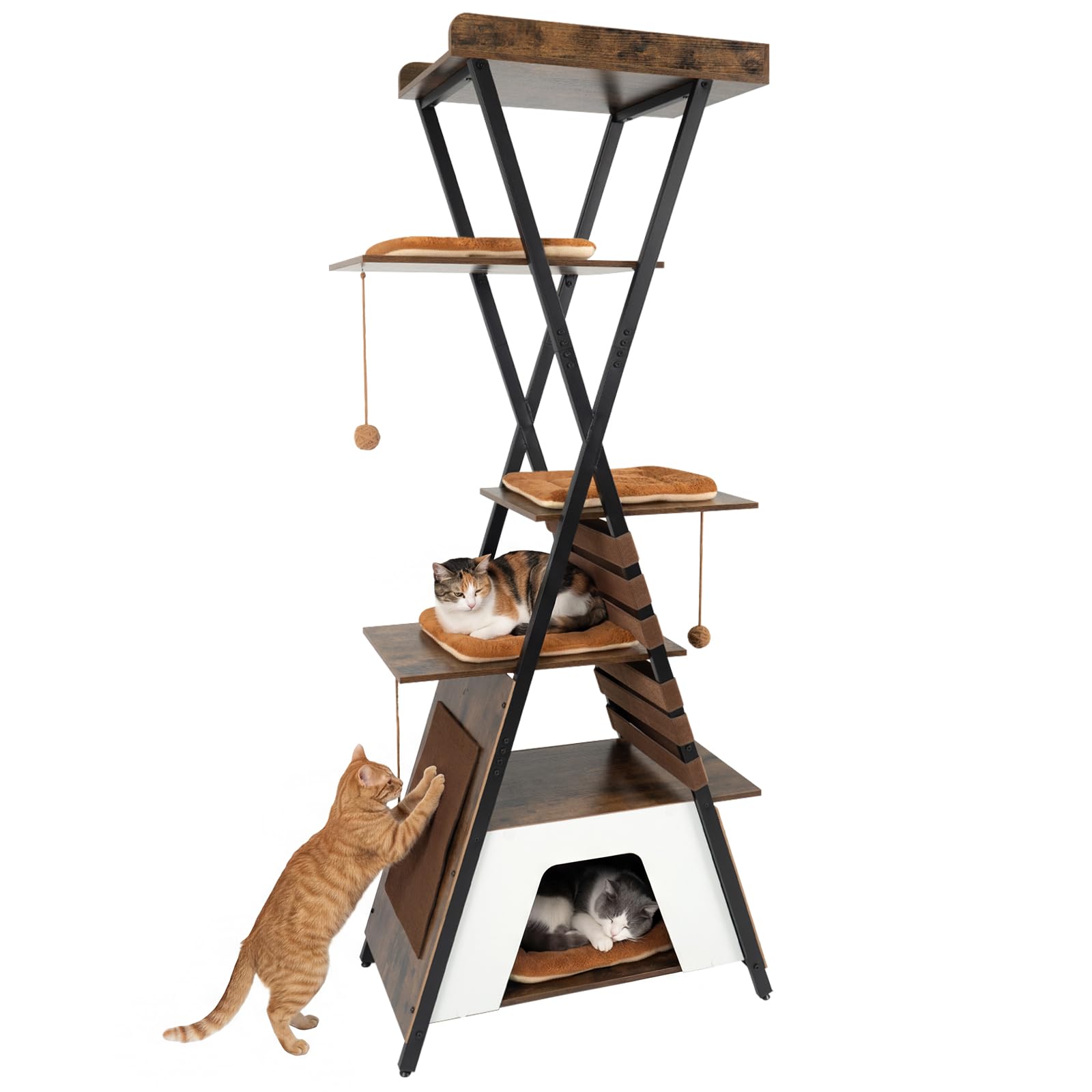 COSTWAY Cat Tree, 185cm Tall Modern Cats Tower with Condo (Rustic Brown)