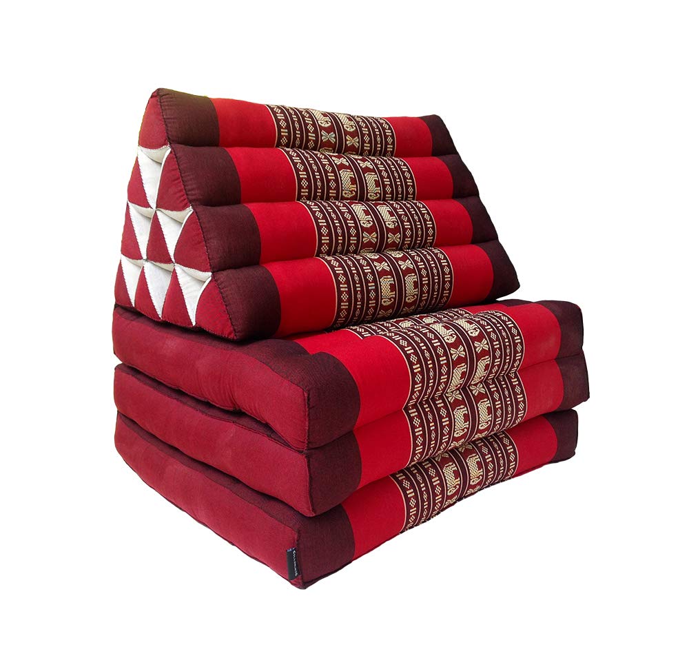 Traditional Thai Kapok 3 Fold Meditation Mattress with Oriental Style Triangle Recliner Cushion for Yoga Massage or Relaxation (Red with Elephants)
