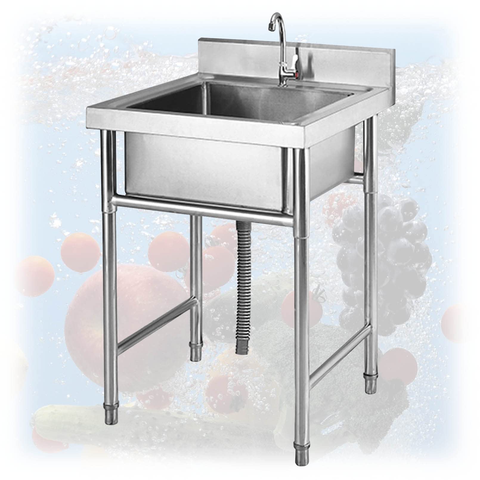 Single Bowl Free Standing Sink 1 Compartment 304 Stainless Steel Commercial Kitchen Prep Utility Hand Basin for Garage, Restaurant, Laundry Room, Indoor Outdoor (Silver 50x80cm)