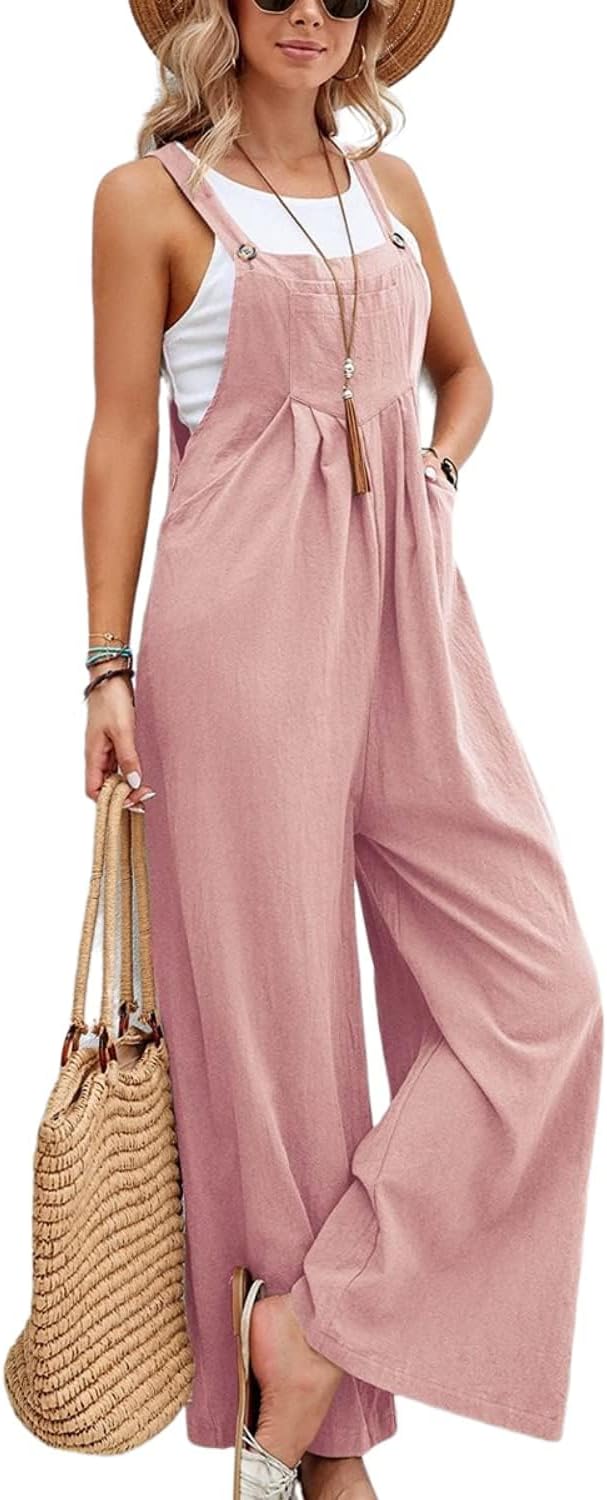Summer Jumpsuits for Women Uk Loose Dungarees Summer Casual Baggy Sleeveless Strappy Overalls Wide Leg Jumpsuit Playsuit Trousers with Pocket