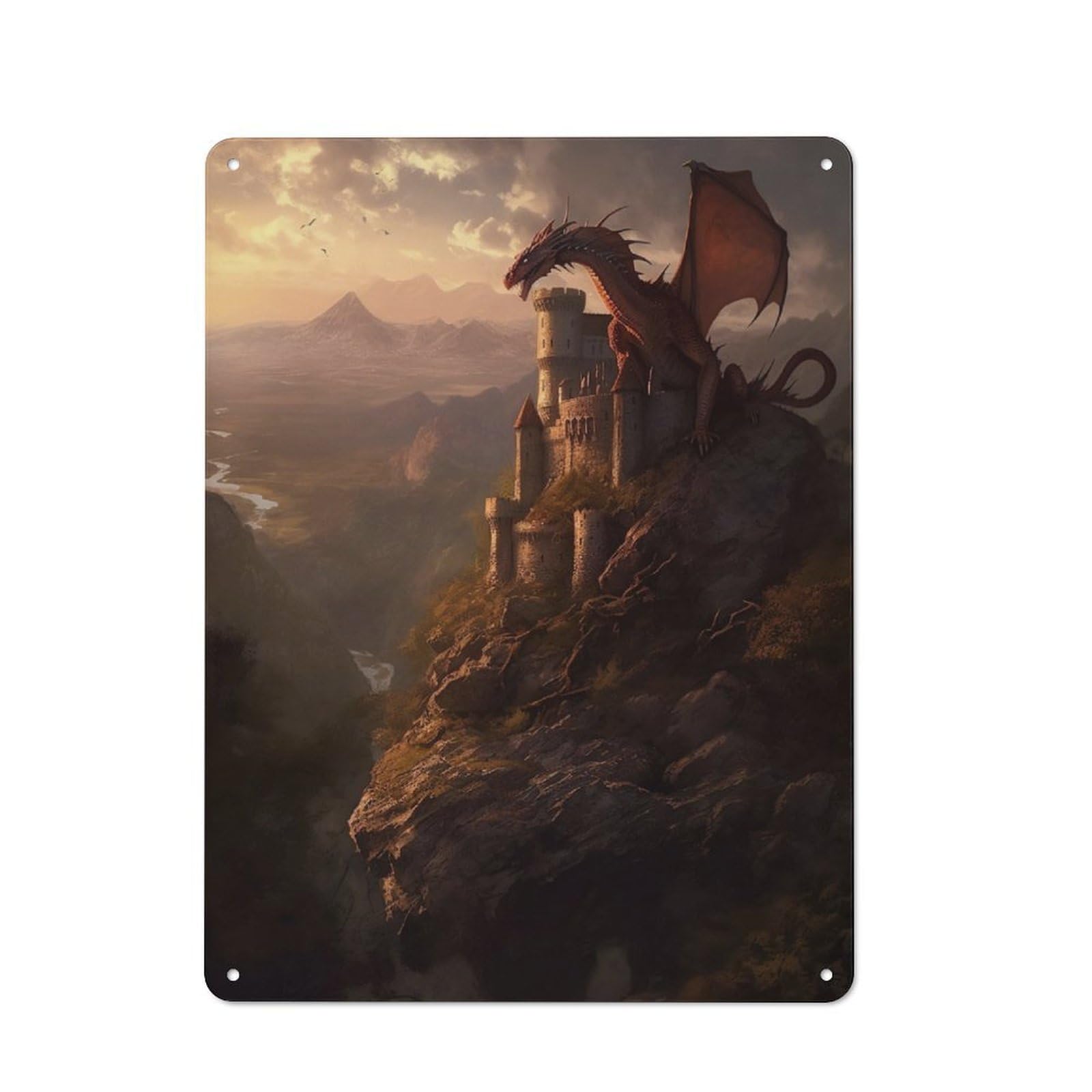 Bistro Style Sunset over Dragons Keep Tin Wall Sign 40x30cm, Shop Wall Decor for Takeaway, Bar, Kitchen Or Counter Area