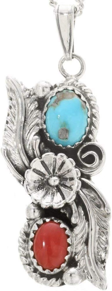 Alltribes Pretty Navajo Turquoise Coral Sterling Pendant Leaves and Flower Design With Silver Chain 0146