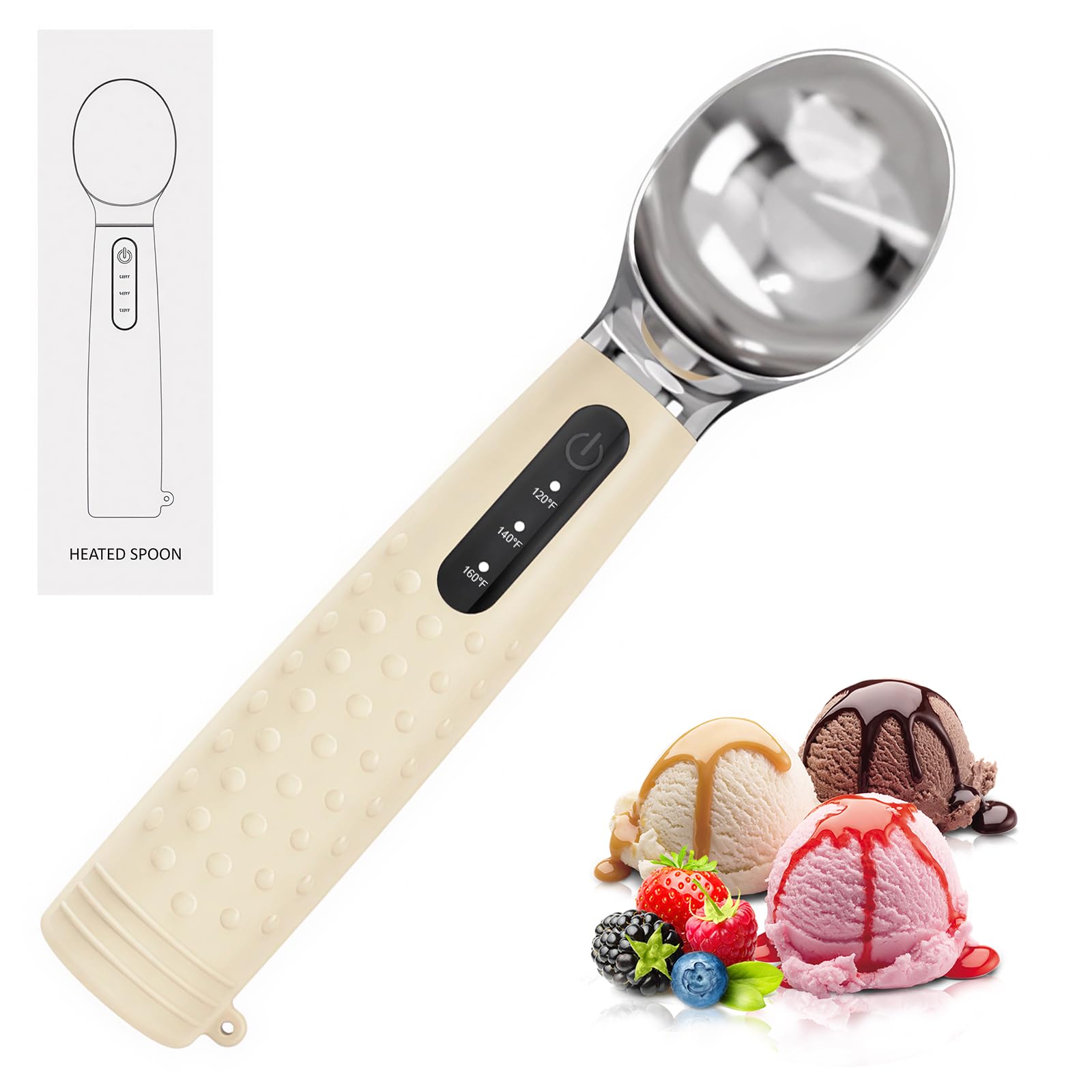 Porzionatore per gelato riscaldato in acciaio inox con 3 temperature | Ricaricabile, 3 livelli di temperatura, batteria da 2600 mAh e display LED, cucchiaio per gelato duro, gelato