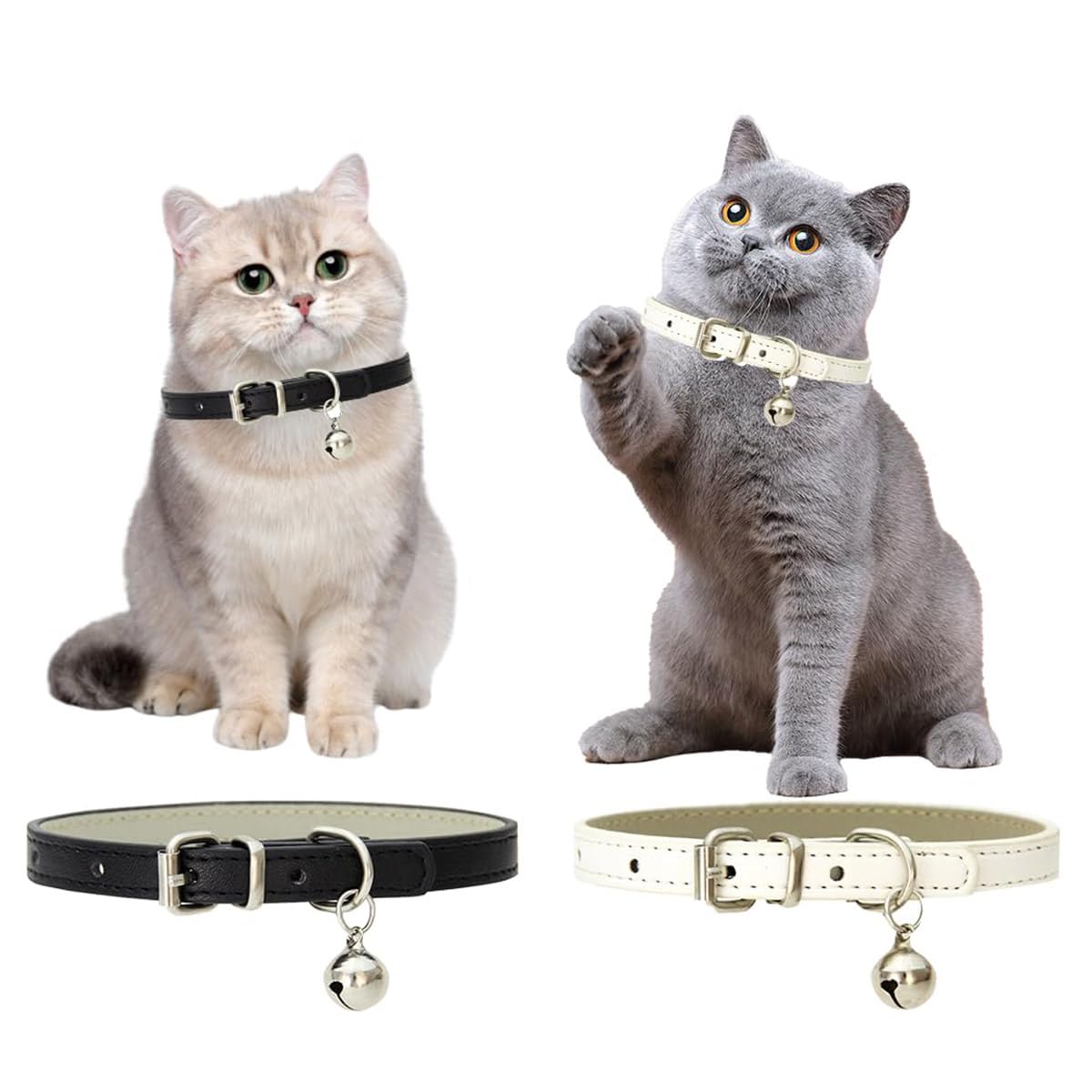 Colliers De Chat en Cuir avec Clochette Collier Réglable en Cuir Doux Collier Chat pour Chat, Chaton, Chiot, Petit Chien (Noir+Blanc)