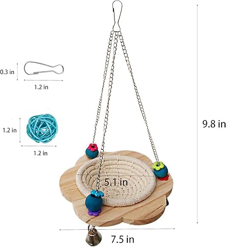 Miniatura 7 de Diaertiny Cama colgante de loros con columpio colorido soporte de madera, juguetes y campanas, cuerda de cáñamo de algodón hecha a mano para