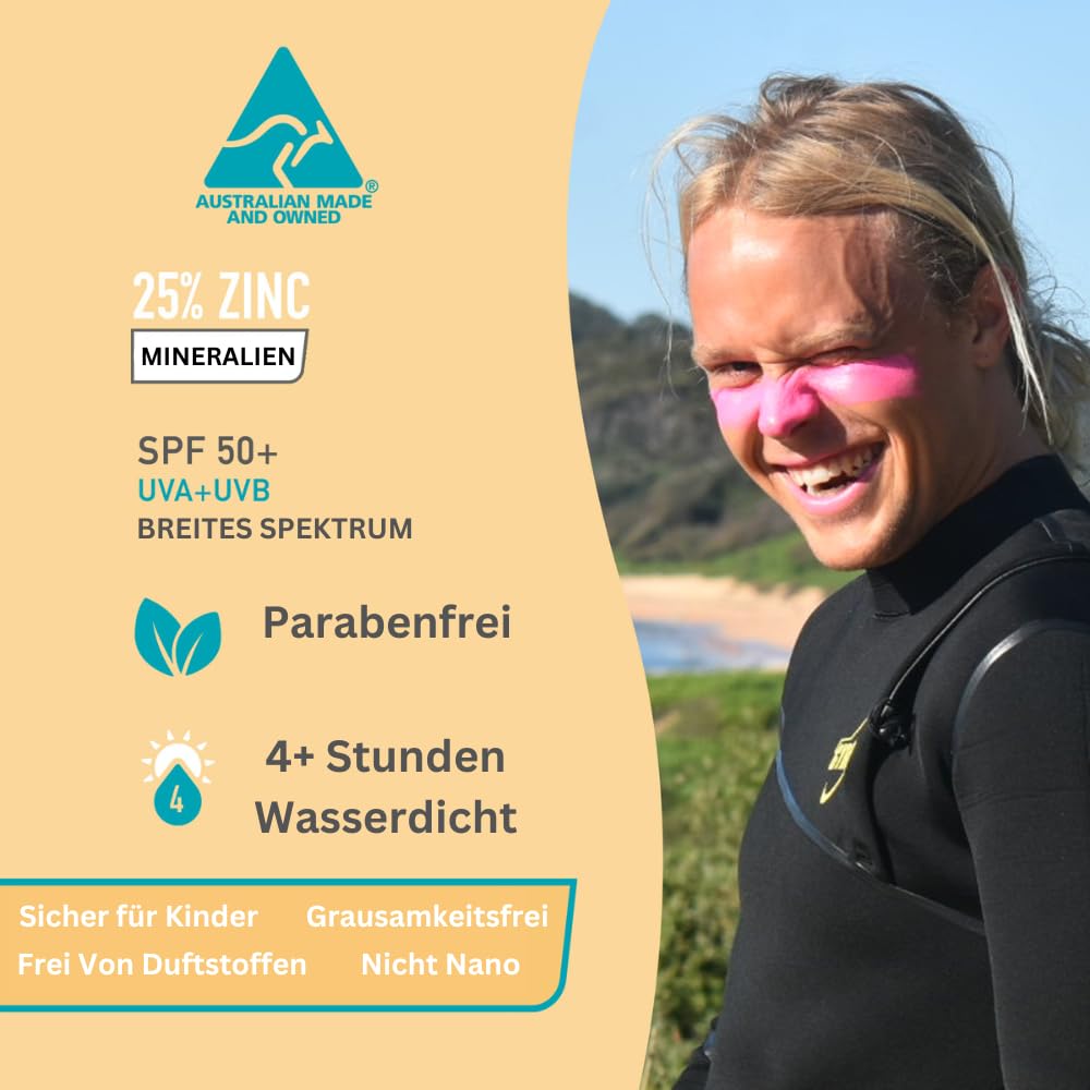 Zinkoxid-Mineral-Sonnenschutzstift (Rosa, Weiß, Blau) SPF 50+ Wasserfest für Gesicht & Körper, Erwachsene, Kinder, 4er-Pack Breitspektrum-Farbsonnenschutz - Sonnencreme aus Australien