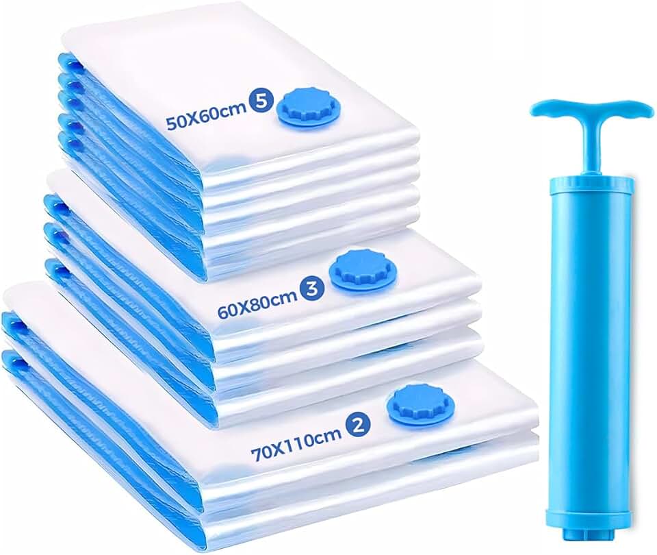 10 Sacos de Armazenamento a Vácuo Com Bomba (2 Grandes/3 Médios/5 Pequenos) - Selados Com Economia de Espaço