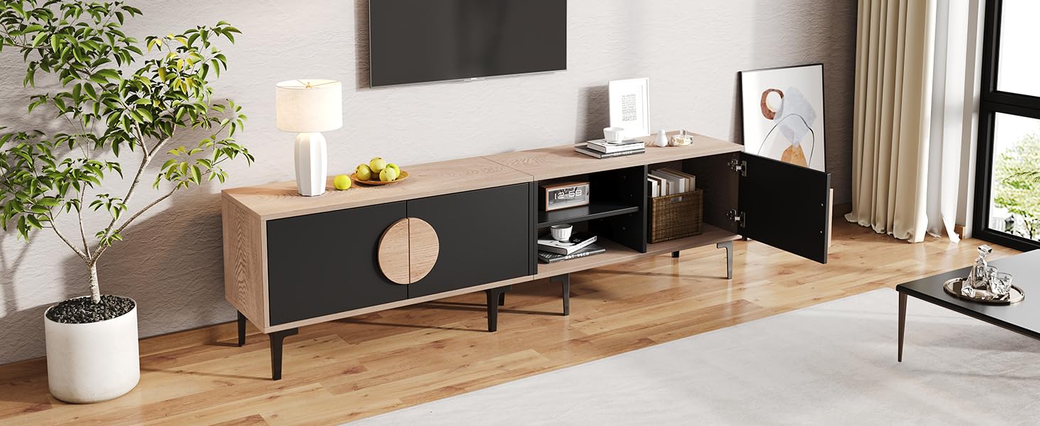 Mueble bajo para TV con 3 puertas y 7 patas, 180 cm, madera negra