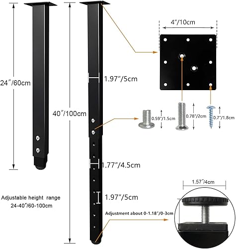 Miniatura 2 de QLLY Patas de mesa cuadradas ajustables, 24-40 pulgadas, 23.6-39.4 in, patas de mesa personalizadas para oficina en casa, juego de patas para