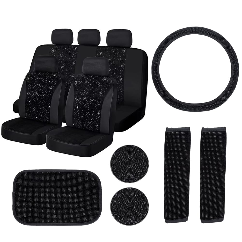 Set 15 Pezzi Accessori Auto Bling Donna - Coprisedili Velluto Traspirante - Coprivolante Cristallo - Dettagli Diamante Nero - Kit Interni Universale - Diamante Nero, Volante 38cm