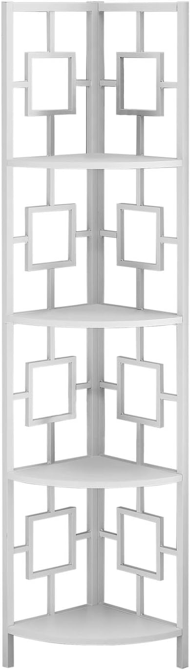 Monarch Specialties I 3613 Bookshelf, Bookcase, Etagere, Corner, 4 Tier, 62" H, Office, Bedroom, Metal, Laminate, White, Contemporary, Modern