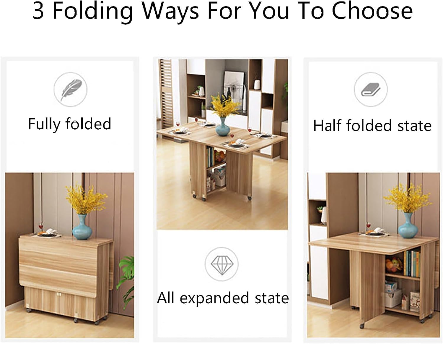 Amazon｜省スペース折りたたみダイニングテーブル、6輪付きモバイル