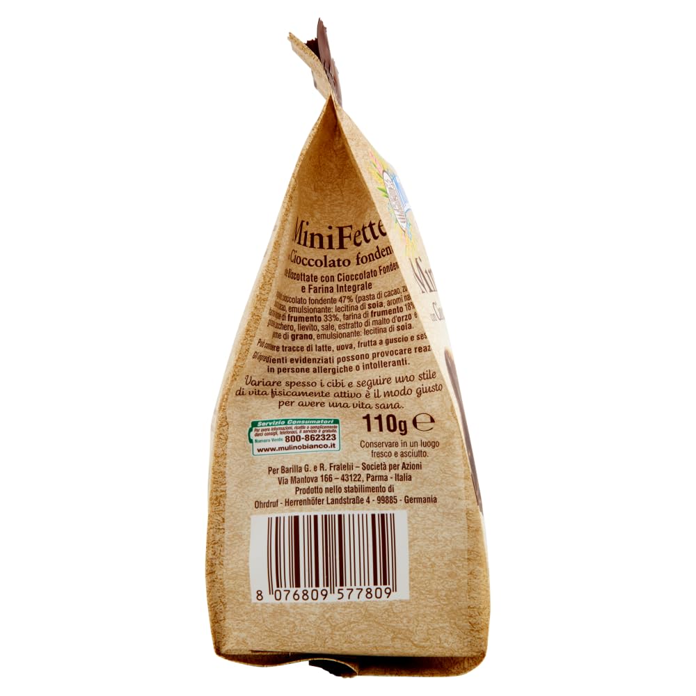 Mulino Bianco Lot de 12 mini graisses integrali au chocolat noir, riches en fibres, biscottes complètes sans huile de palme 110 g + polpa gourmet italien 400 g