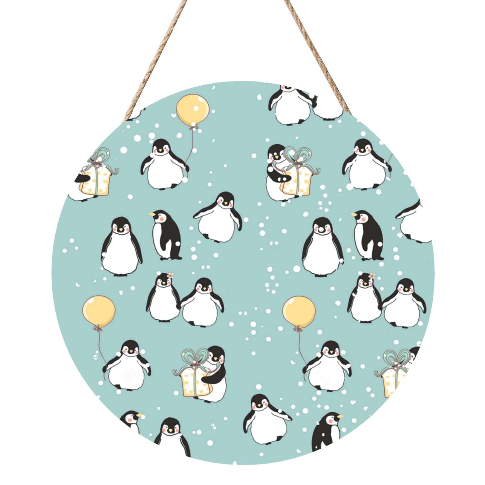 InOmak Penguin Balloon Snowflake, Round Wood Panel Painting 12 in, Wall Hanging Painting For Home